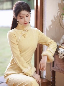 Nuevo <span class=keywords><strong>Cheongsam</strong></span> Chino Ecowalson 2025, Invierno, Terciopelo Grueso, Amarillo, Elegante, Estilo Retro, para Mujer Joven, de Alta Gama, Manga Larga - Product Image 4