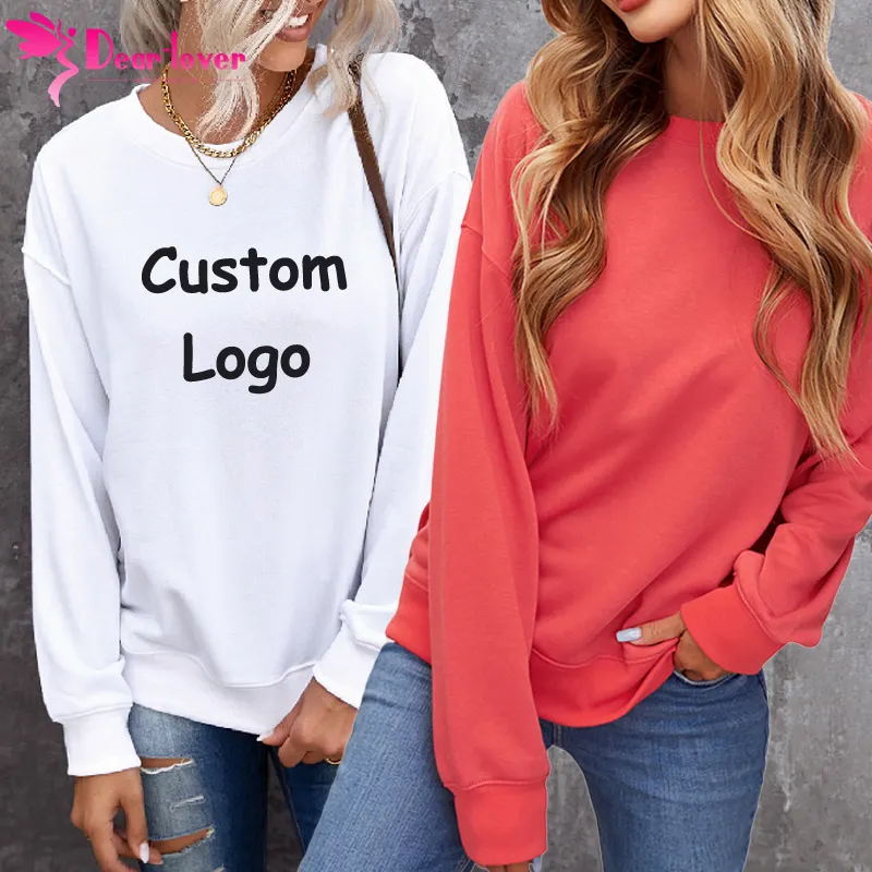 Dear-Lover Custom Logo Bulk High Quality Knit Plain Blank Vintage Polyester Cotton Women Crewneck Pullover Custom Sweatshirt