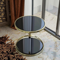 Ensemble de tables basses rondes à double étage, petites et modernes, en métal doré avec plateau en verre trempé noir pour salon intérieur, meubles de luxe