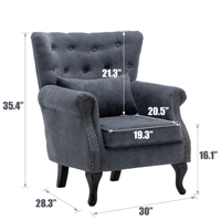 Fauteuil d'appoint capitonné gris foncé à dossier haut, avec pieds en bois et assise en mousse, design moderne pour appartement et entrepôt, certifié BSCI