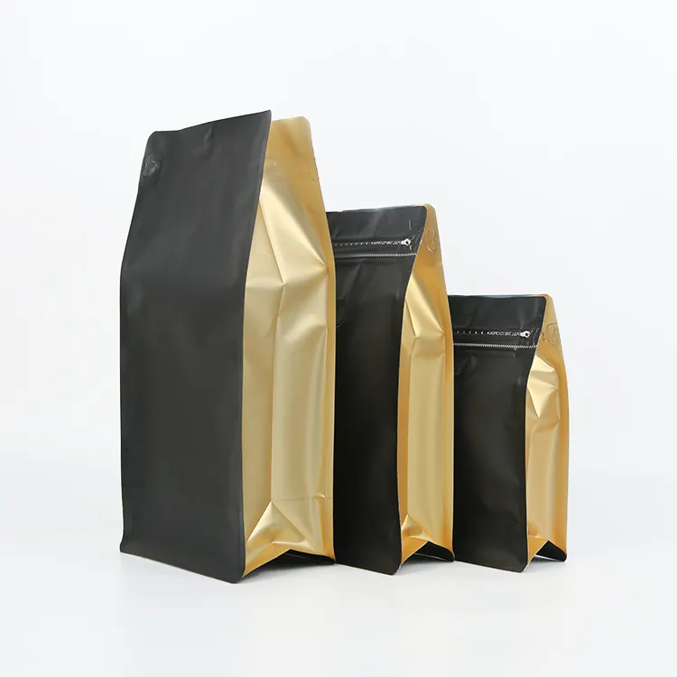 खाद्य ग्रेड कॉफी पाउच कस्टम लचीला पैकेजिंग फ्लैट वर्ग नीचे 1kg पुन: प्रयोज्य एल्यूमीनियम पन्नी मैट काले कॉफी बैग