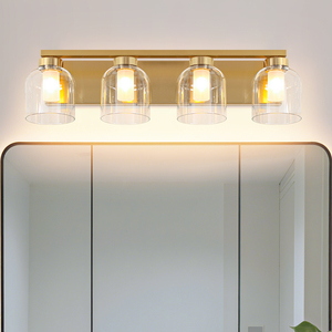 Lámpara de pared LED E26 moderna de latón dorado con pantallas de cristal transparente para baño, uso interior, 2700K, blanco cálido - Product Image 4