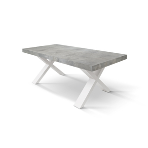 Table à manger extensible en béton gris 180x90 avec pieds croisés blancs pour usage intérieur - Product Image 1