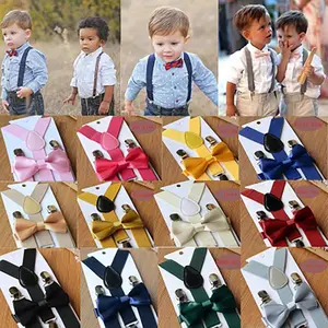 Conjunto de cinturón con pajarita para niños Y niñas, tirantes elásticos ajustables para bebés, Color sólido - Product Image 1