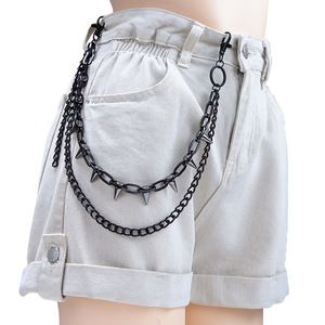 yueli Hip Hop Punk Spike Waist <b>Chain</b> <b>Black</b> Double Layer Zinc Alloy Casual Fashion Accessory - Product Image 2