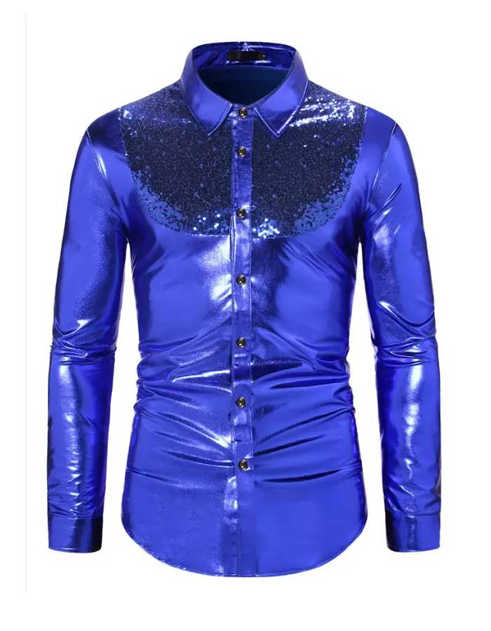 Camicia lucida da uomo con bottoni e maglietta da ballo da discoteca anni '70 camicie metalliche da discoteca camicia da uomo