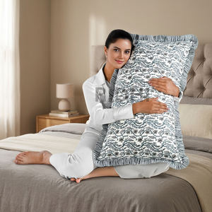 RIDHI Baby Blue Floral Ruffle Western Lumbar Pillow Cover Set Hand Block Print Cotton Customizable Removable Eco-Friendly Decor - Product Image 4