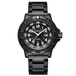 Gelang besi tahan karat 316L Logo merek kustom jam tangan kuarsa Analog kalender populer tahan air untuk pria