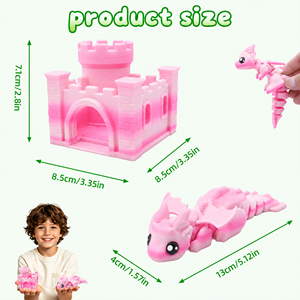 Statuetta di Drago Articolato Rosa Sfumato Stampata in 3D con Mini Scatola Portaoggetti a Forma di Castello, Giocattolo Antistress Fantasy Carino, Decorazione da Scrivania, Set Regalo - Product Image 2