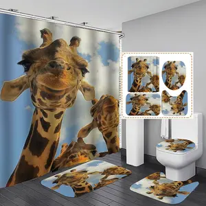 4 adet komik hayvan küvet dekor karikatür yaban hayatı zürafa duş perdesi Mat ile
