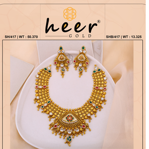 Gold <b>Statement</b> <b>Necklace</b> Set With Green Red Stones Bezel Setting 22K Solid Gold Women's Wedding Jewelry - Product Image 2