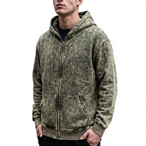 Custom Acid Wash Zip Up Hoodie Mens Oversized <b>Vintage</b> Hooded <b>Sweatshirt</b> Heavyweight Cotton Fleece Full Zip Casual Streetwear - Product Image 1