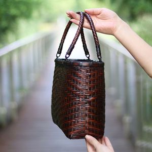 Bamboo Woven Handbag Square Shape Two Handles Durable Women's Cosmetic Bag Retro Chinese Style Zen Inspired - Product Image 2