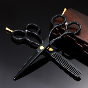 Black Hairdressing Scissors 5.5 Inch 6CR Flat Shears Thinning Shears Bangs Trimmers Hair Styling Tool Set - Product Image 1