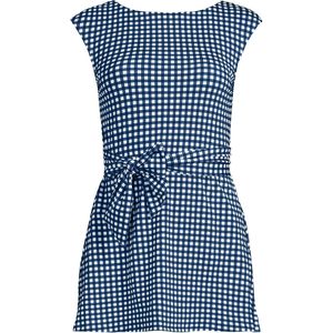 Vestido de baño mini con mangas casquillo y cinturón para mujer, azul a cuadros, corte A, de secado rápido, tipo pareo - Product Image 3