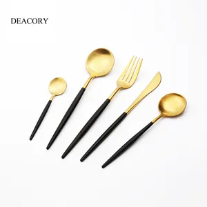 Wholesale Elegant 2 Tone Silverware Stainless Steel Cutlery 18/10 Gold Black Handle Wedding Flatware Set