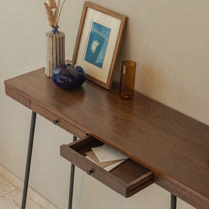 Hallden Walnut <b>Console</b> <b>Table</b> with Drawer <b>Slim</b> Metal Legs Wooden Storage Compartment Modern Sofa <b>Table</b> Elegant Home Furniture - Product Image 5