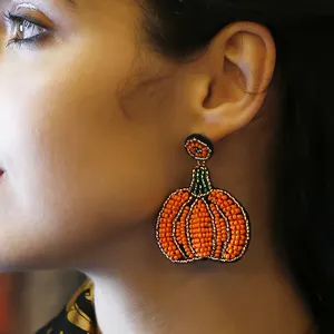 2023 New Arrival Fashion Jewelry Vintage Pumpkin Earring Halloween Bohemian Premium Handmade Rice Ball Beaded Halloween Earrings