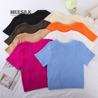 Tops cortos de belleza para mujer, camisetas con cuello redondo, camisas acanaladas, camisetas de manga corta, ropa básica ajustada, ajuste ajustado 2025