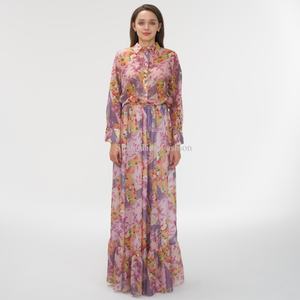 Ensemble deux pièces OEM pour femmes, col mandarin, manches longues, imprimé floral, robe longue en mousseline de soie pour femmes - Product Image 1