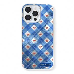 Coque de téléphone à contraste de couleur bleu à carreaux et nœud rouge pour iPhone 16 Pro 16 12 13 14 15 Pro Max 14 Plus Coque de téléphone à contraste de couleur - Product Image 1
