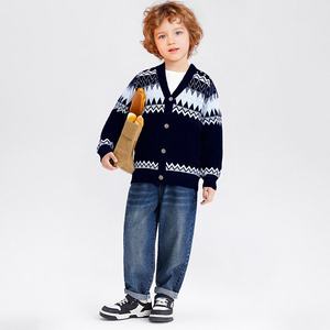<span class=keywords><strong>Cardigan</strong></span> en tricot à col en V pour enfants avec motif géométrique en zigzag - Noir et blanc, <span class=keywords><strong>cardigan</strong></span> décontracté pour garçons en bas âge pour l'automne et l'hiver - Product Image 4