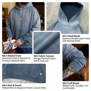 500 Gsm Heavyweight Vintage Acid Washed <b>Grey</b> Embroidery Hoodies Custom 100% Cotton French Terry Oversized Man Hoodie TKAN635 - Product Image 2