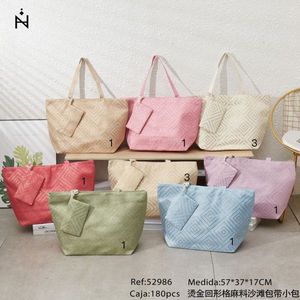 Borsa da spiaggia in lino a quadretti con stampa oro 57x37x17cm con piccola tracolla per nuoto e immersioni - Product Image 3