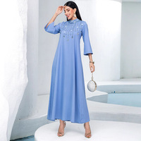 BA5135 bleu a-ligne jupe demi-haut col cousu à la main strass élégant longue robe pour les fêtes d'été du moyen-orient grande taille
