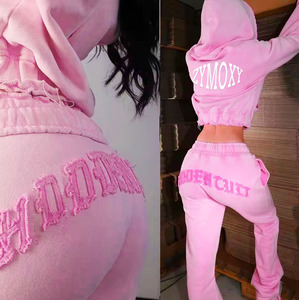 Chándal deportivo personalizado con cremallera, parche para correr, bordado, recortado, de gran tamaño, desgastado, lavado con ácido, pantalones de chándal y conjunto de Sudadera con capucha - Product Image 4