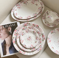 Vintage Pembe Gül Çiçek Desenli Seramik Yemek Takımı Şık Porselen Tabak Fincan Tabağı Düğün Restoran Toptan Satış