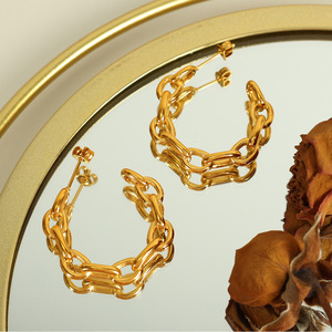 Pendientes de aro con cadena geométrica, chapados en oro de 18k, de acero titanio, para mujer, joyería de moda. - Product Image 3