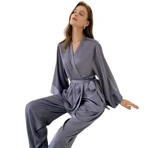 Women's New Spring Summer Long-Sleeved Pajamas Soft French Ice Silk Satin Chiffon Homewear Solid Thin Section Suit