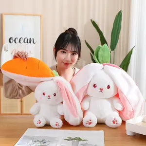 Commercio all'ingrosso divertente 2 in 1 reversibile carota fragola coniglietto cuscino Flip orecchio lungo coniglio peluche peluche bambola