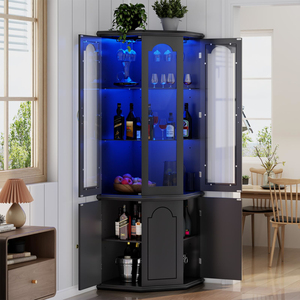 <b>Corner</b> Bar Cabinet with LED Lights, Tall Modern Wine Tempered Glass Door & Adjustable Shelves, - Product Image 1