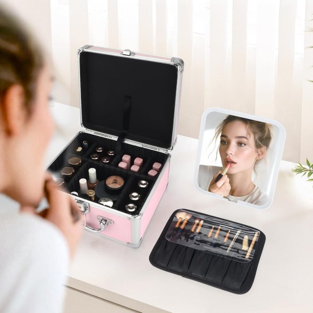 Adjustable Dividers Makeup Train Case with Lighted Mirror Pink LED Cosmetic Organizer Make-Up Box