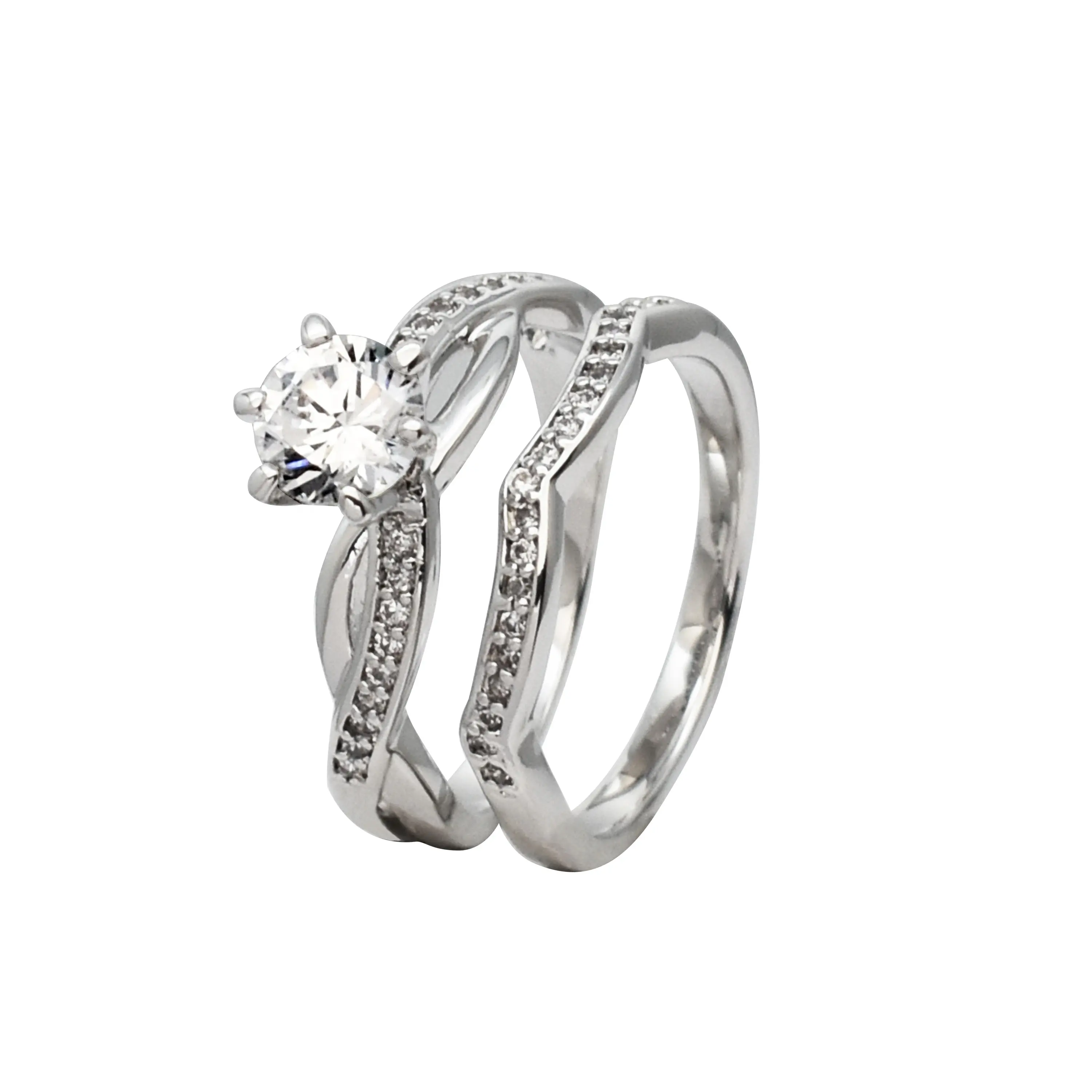 Designer Solitaire Trouwring Sterling 925 Zilver Twist Schacht Zes Prong Instellen Cubic Diamond Sterns Bridal Wedding Ring Set