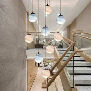 Modern Simple Glass Pendant Light Hollow Living Room Duplex Staircase Long Hanging Lamp Wandering Earth LED Dining Room Lighting