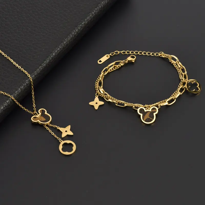 Wholesale Mouse Head Pendant Double Chain Bracelet Charm Rose Gold Bracelets & Bangles Women Stainless Steel Necklace Custom