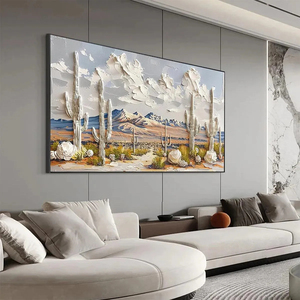 Peinture murale grand format sur toile, paysage de cactus du désert texturé en 3D, peinte à la main, style montagne du Sud-ouest, pour chambre et salon - Product Image 2