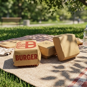 Boîte d'emballage pour hamburger en papier kraft de luxe, jetable et recyclable, avec pelliculage mat et gaufrage, style dossier personnalisé - Product Image 1