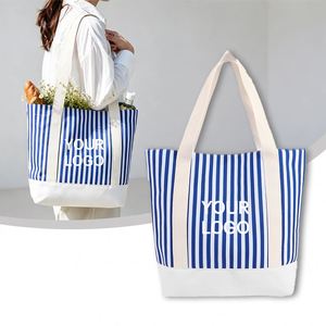 New Stripe <b>Bag</b> Beach Canvas <b>Reusable</b> Bolsas Cotton Embroidered Lifestyle Tote for Afternoon Shopping - Product Image 1