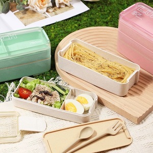 USA 750ml en plastique paille de blé Bento boîte à lunch avec baguettes cuillère empilable Double couche étudiants micro-ondes récipient alimentaire - Product Image 3