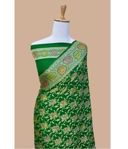 Sari de Chifón Banarasi Puro Premium Powerloom con Elegante Trabajo Zari, Protección Solar, Pieza de Blusa Sin Coser para Fiestas - Product Image 1