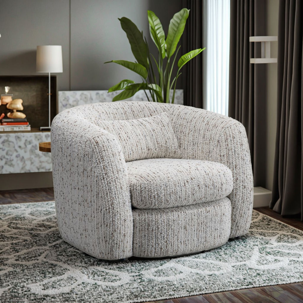 Cream Circular Spinning Chair Round Cream Boucle Swivel Accent