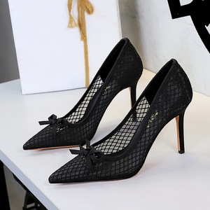 9329-3 French-style Fashionable Solid High-heeled <b>Shoes</b> <b>Bow</b> Pointed Toe Shallow Cut Mesh Lace Stiletto Heel Slip-on Women's - Product Image 3