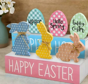 DM Easter Decoration Easter Bunny Wooden Craft Tabletop Rabbit Decor with Pink Blue Green Easter Eggs for Desk Decor - Product Image 4