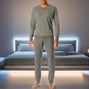 Pyjama d'hiver pour homme en modal tricoté à carreaux, respirant et confortable, ensemble décontracté à manches courtes et pantalon - Product Image 2