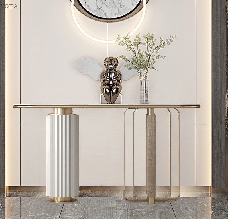 Italian Style Luxury Stainless Steel Console Table with Rock Slab Top – Modern Entryway Hallway Table for Home & Interior Décor - View 2