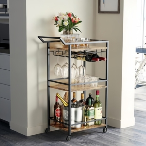 Precio al por mayor, marco de metal de <span class=keywords><strong>3</strong></span> niveles multiusos y tablero de MDF, soporte de carro de barra con ruedas con estante de vino para whisky y vino - Product Image 4